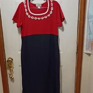 Red and Blue Floral Trim Maxi Dress Daisy Detail Granny Chic